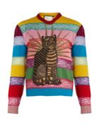 Gucci Cat-appliqu Panelled Lace And Wool Sweater