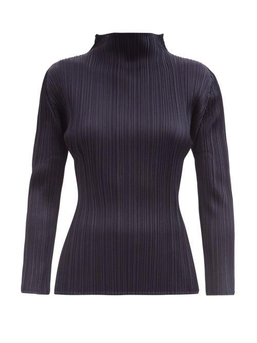 Ladies Rtw Pleats Please Issey Miyake - High-neck Technical-pleated Top - Womens - Navy