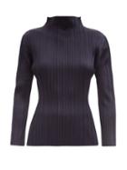 Ladies Rtw Pleats Please Issey Miyake - High-neck Technical-pleated Top - Womens - Navy