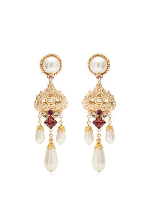 Matchesfashion.com Dolce & Gabbana - Crystal And Faux Pearl Drop Clip Earrings - Womens - Purple