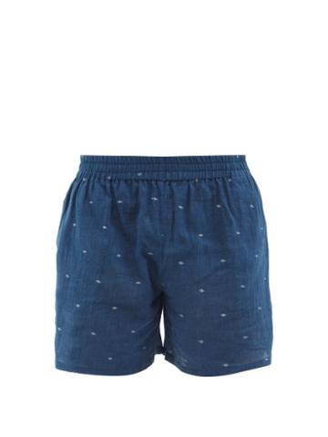 Harago - Embroidered Cotton-jamdani Shorts - Mens - Navy