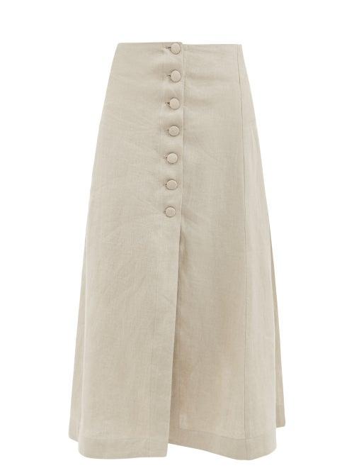 Casa Raki - Margarita Side-slit Linen Midi Skirt - Womens - Beige