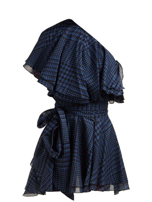 Matchesfashion.com Alexandre Vauthier - Houndstooth One Shoulder Cotton Mini Dress - Womens - Navy Multi