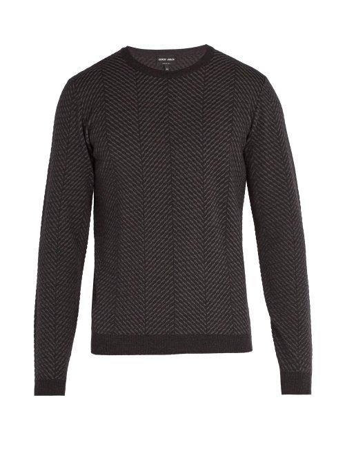Matchesfashion.com Giorgio Armani - Herringbone Knit Wool Blend Sweater - Mens - Dark Grey