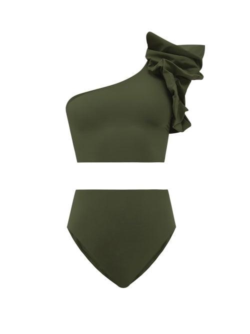 Matchesfashion.com Maygel Coronel - Luisa Ruffled One-shoulder Bikini - Womens - Green