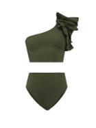 Matchesfashion.com Maygel Coronel - Luisa Ruffled One-shoulder Bikini - Womens - Green