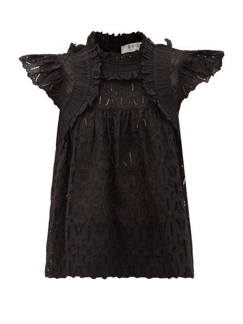Matchesfashion.com Sea - Ingrid Ruffled Broderie-anglaise Cotton Blouse - Womens - Black