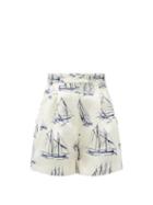 Matchesfashion.com Emilia Wickstead - Elliot High-rise Boat-print Faille Shorts - Womens - Blue White