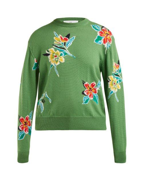 Matchesfashion.com Toga - Floral Intarsia Wool Sweater - Womens - Green