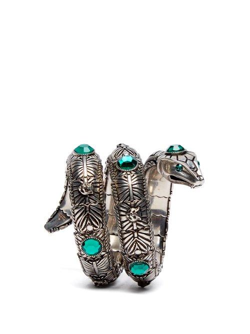 Matchesfashion.com Gucci - Winding Snake Sterling Silver Cuff - Womens - Green