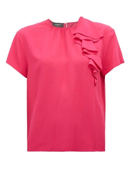 Matchesfashion.com Rochas - Pedra Envers Ruffle Trim Crepe Satin Top - Womens - Fuchsia