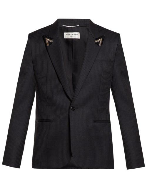 Matchesfashion.com Saint Laurent - Beaded Peak Lapel Striped Blazer - Mens - Black