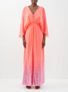 Halpern - Cape-sleeve Sequinned-challis Maxi Dress - Womens - Pink Orange