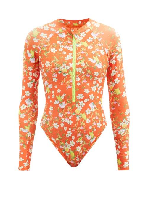 Cynthia Rowley - Sunny Floral-print High-neck Swimsuit - Womens - Orange Print