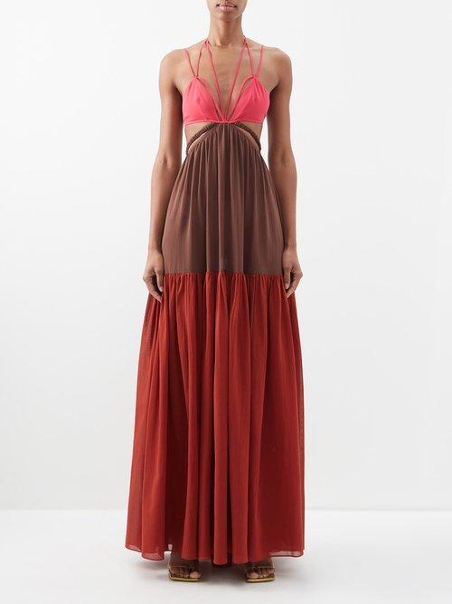 Nensi Dojaka - Cutout Colour-blocked Cotton Maxi Dress - Womens - Orange Multi