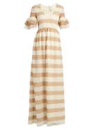 Matchesfashion.com Huishan Zhang - Cora V Neck Striped Floral Lace Gown - Womens - Beige White