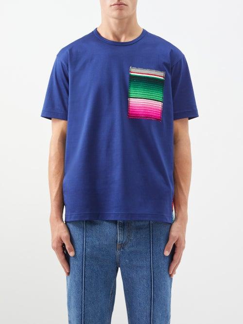 Junya Watanabe - Striped-patch Cotton-jersey T-shirt - Mens - Navy Multi