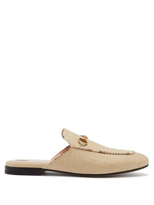 Matchesfashion.com Gucci - Princetown Raffia & Leather Backless Loafers - Womens - Beige