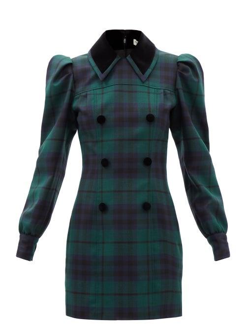 Alessandra Rich - Puff-shoulder Wool-tartan Mini Dress - Womens - Navy Multi
