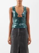 16arlington - Solaria Keyhole-neck Sequinned Top - Womens - Dark Green