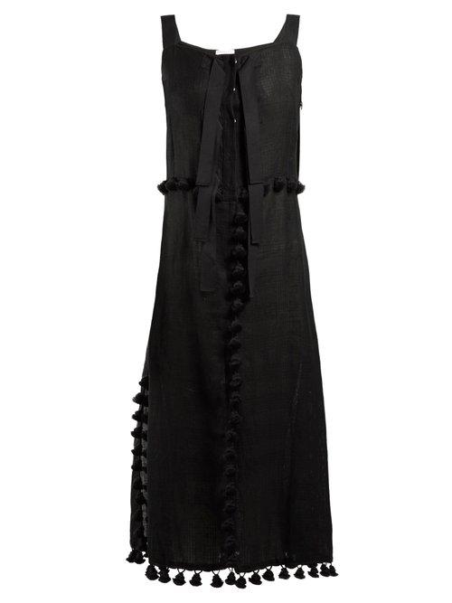 Matchesfashion.com Altuzarra - Villette Pompom Embellished Linen Blend Dress - Womens - Black