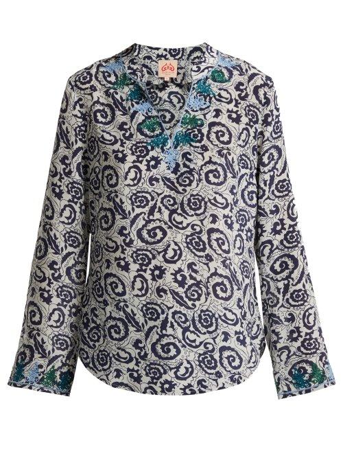 Matchesfashion.com Le Sirenuse, Positano - Milana Suzani Print Cotton Blouse - Womens - Blue Multi