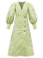 Ganni - Striped V-neck Taffeta Midi Dress - Womens - Light Green
