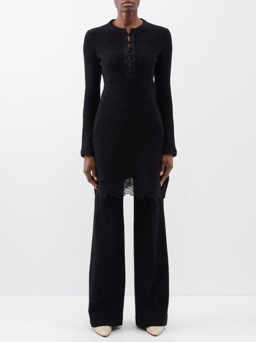 Chlo - Lace-hem Ribbed-knit Mini Dress - Womens - Black