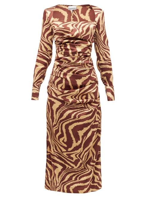 Matchesfashion.com Ganni - Tiger-print Silk-blend Charmeuse Midi Dress - Womens - Multi