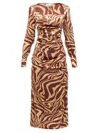 Matchesfashion.com Ganni - Tiger-print Silk-blend Charmeuse Midi Dress - Womens - Multi