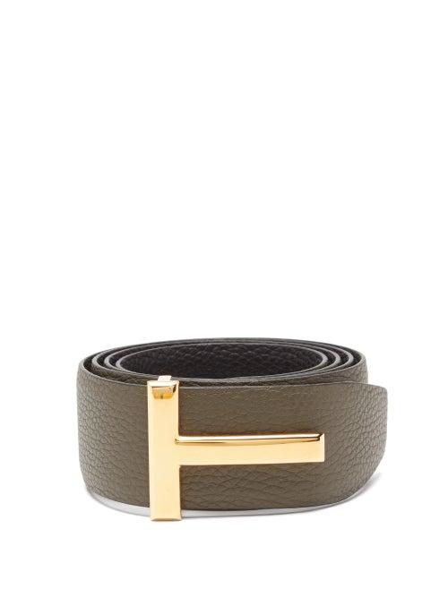 Tom Ford - T-logo Reversible Leather Belt - Mens - Black Khaki