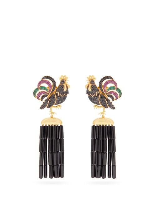 Matchesfashion.com Begum Khan - Rooster Napoleon Gold Plated Clip Earrings - Womens - Black Multi