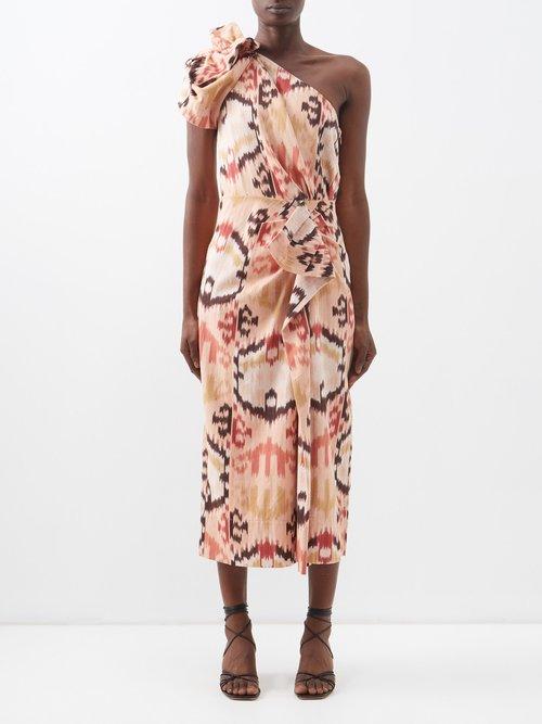 Ulla Johnson - Idra Asymmetric Ruffled Ikat Canvas Dress - Womens - Light Pink Multi