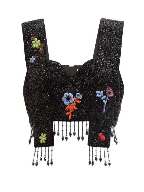 Ganni - Floral-beaded Cropped Top - Womens - Black Multi