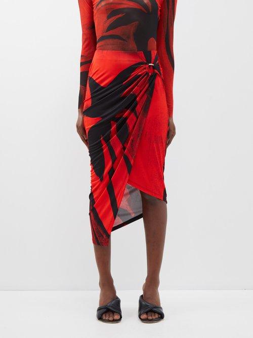 Louisa Ballou - Coastline Queen-print Asymmetric Midi Skirt - Womens - Red Black