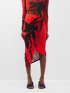 Louisa Ballou - Coastline Queen-print Asymmetric Midi Skirt - Womens - Red Black