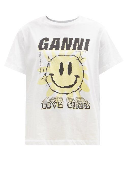 Ganni - Logo-print Jersey T-shirt - Womens - Yellow White