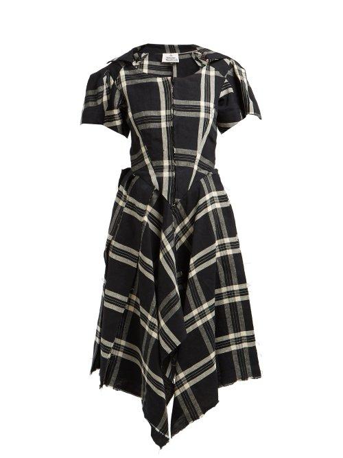 Matchesfashion.com Vivienne Westwood - Tartan Asymmetric Hem Linen Dress - Womens - Black Multi