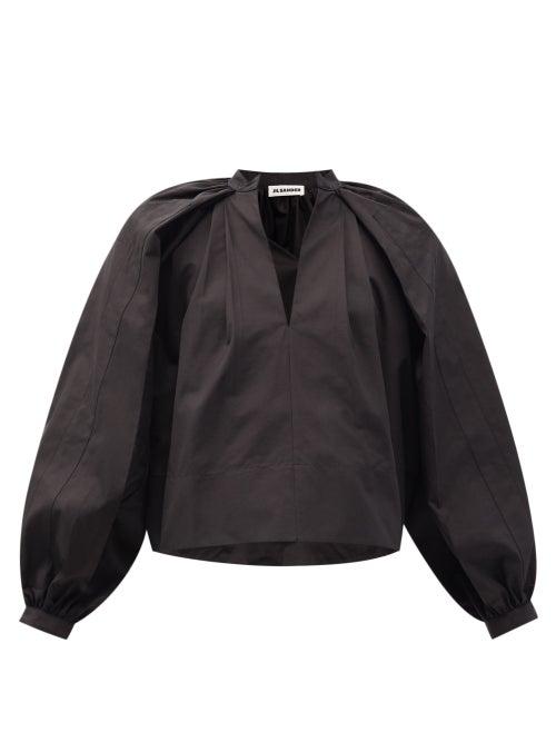 Matchesfashion.com Jil Sander - V-neck Pleated Cotton-poplin Blouse - Womens - Black