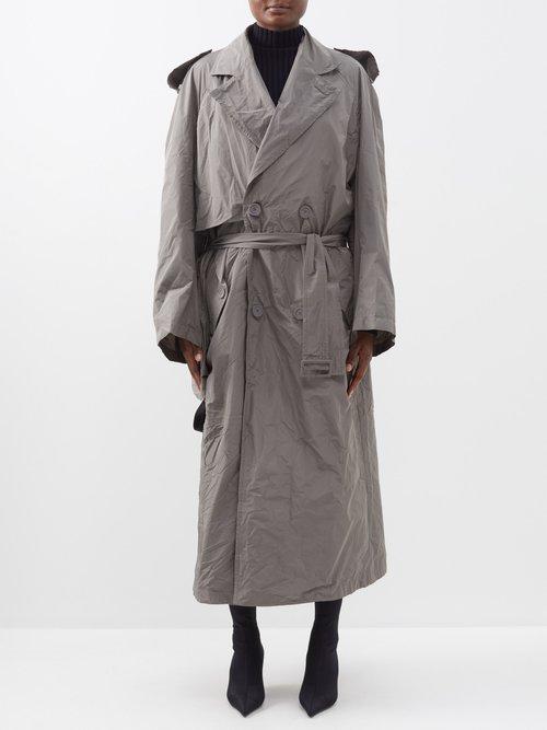 Balenciaga - Belted Crinkled-taffeta Trench Coat - Womens - Grey