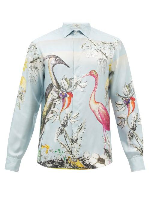 Etro - Bird-print Silk-twill Shirt - Mens - Blue Multi