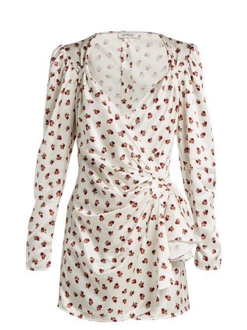 Matchesfashion.com Attico - Floral Print Satin Wrap Dress - Womens - White Multi