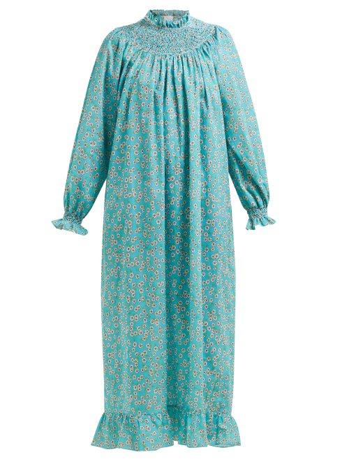 Matchesfashion.com Loretta Caponi - Floral Print Smock Neck Midi Beach Dress - Womens - Blue Multi