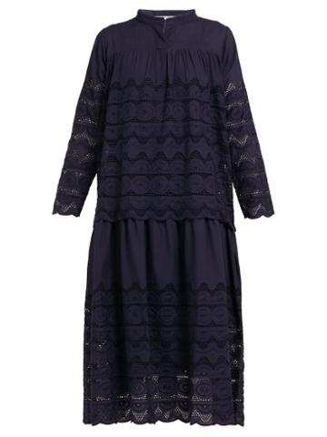 Matchesfashion.com Queene And Belle - Daphne Broderie Anglaise Cotton Midi Dress - Womens - Navy