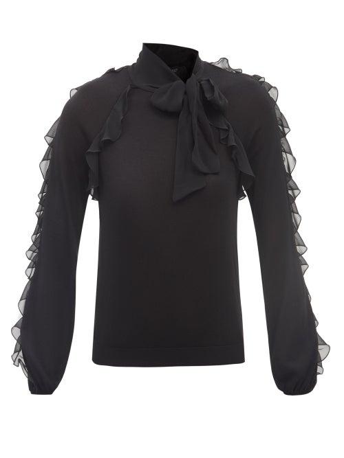 Giambattista Valli - Pussy-bow Ruffled-silk Cashmere-blend Sweater - Womens - Black