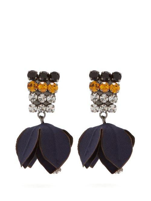 Matchesfashion.com Marni - Crystal Embellished Flower Drop Clip On Earrings - Womens - Navy