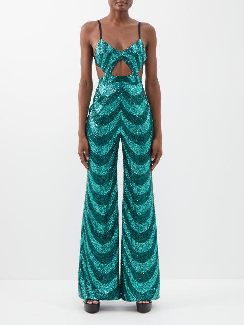 Halpern - Cutout Sequin-striped Jumpsuit - Womens - Green