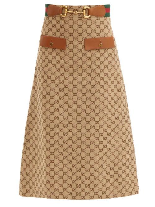 Gucci - Gg-jacquard Horsebit Cotton-blend Midi Skirt - Womens - Camel