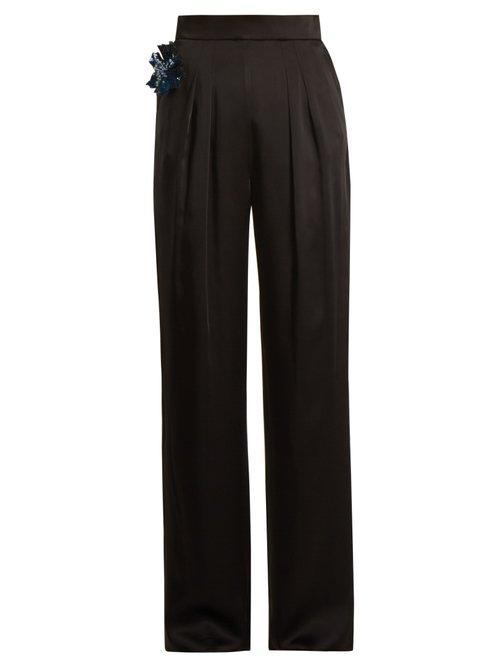 Matchesfashion.com Christopher Kane - Embellished Flower Satin Trousers - Womens - Black