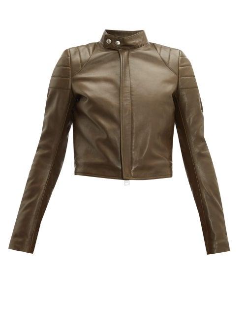 Matchesfashion.com Bottega Veneta - Cropped Leather Biker Jacket - Womens - Khaki